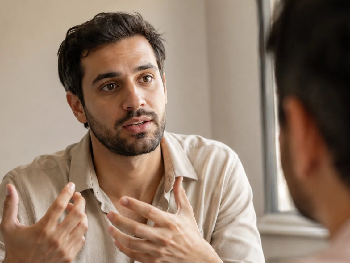 Participante de pé diante do grupo sustentando um ponto com as anotações na mão