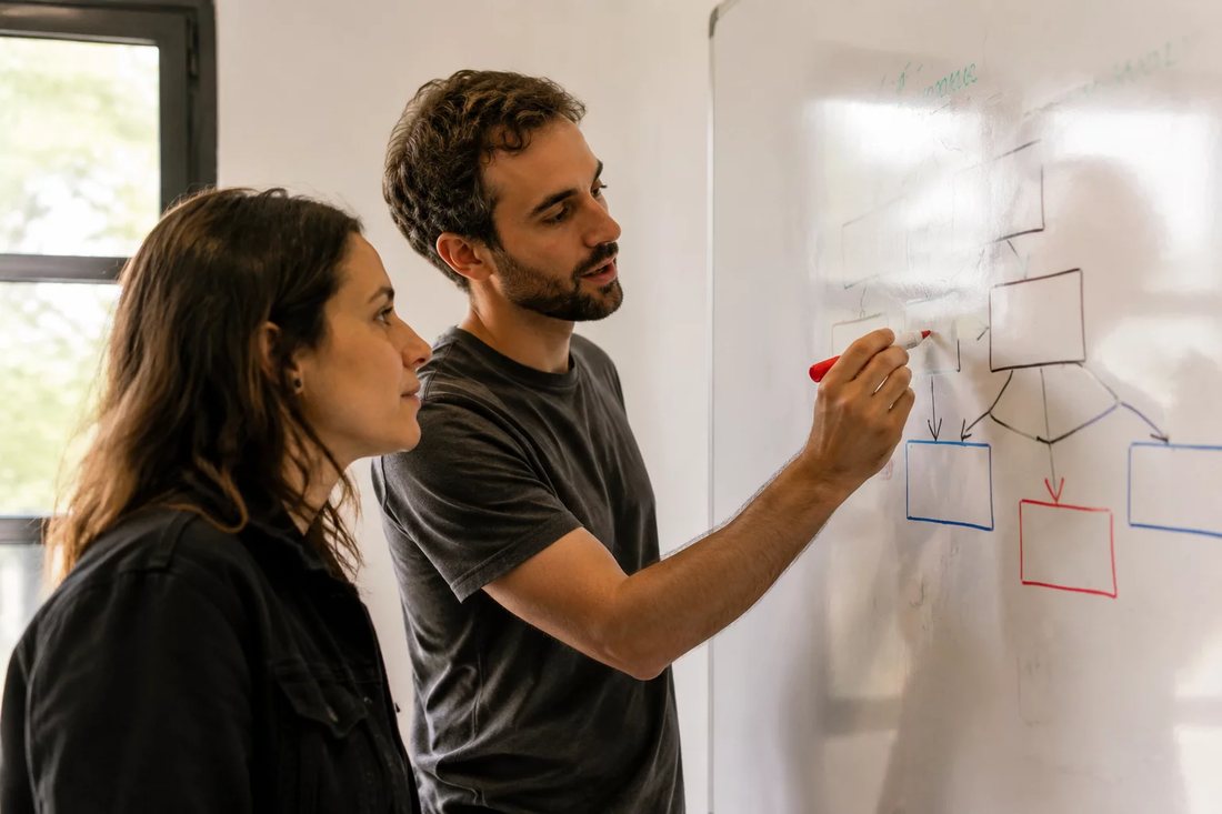 Duas participantes junto ao quadro branco desenhando as partes de um argumento